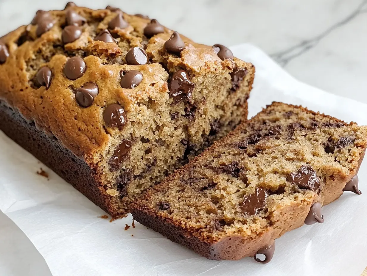 Healthy chocolate chip banana bread loaf on a paper