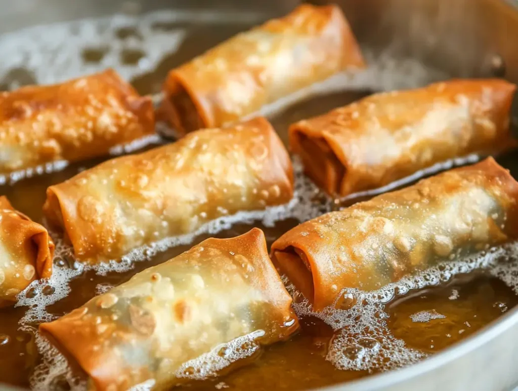 Frying delicious taco egg rolls