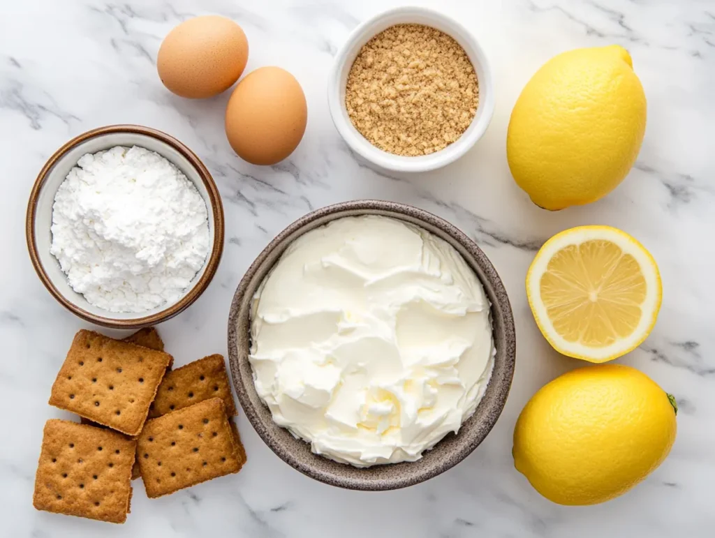 Ingredients for high protein cheesecake on a kitchen table.