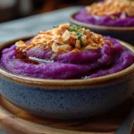 Vibrant purple sweet potato recipe dish plated