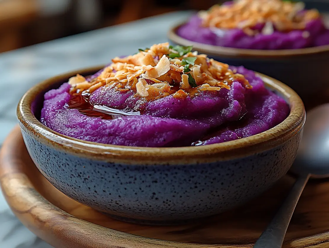 Vibrant purple sweet potato recipe dish plated