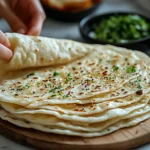 A stack of freshly made lavash bread garnished with herbs and seeds on a wooden board.