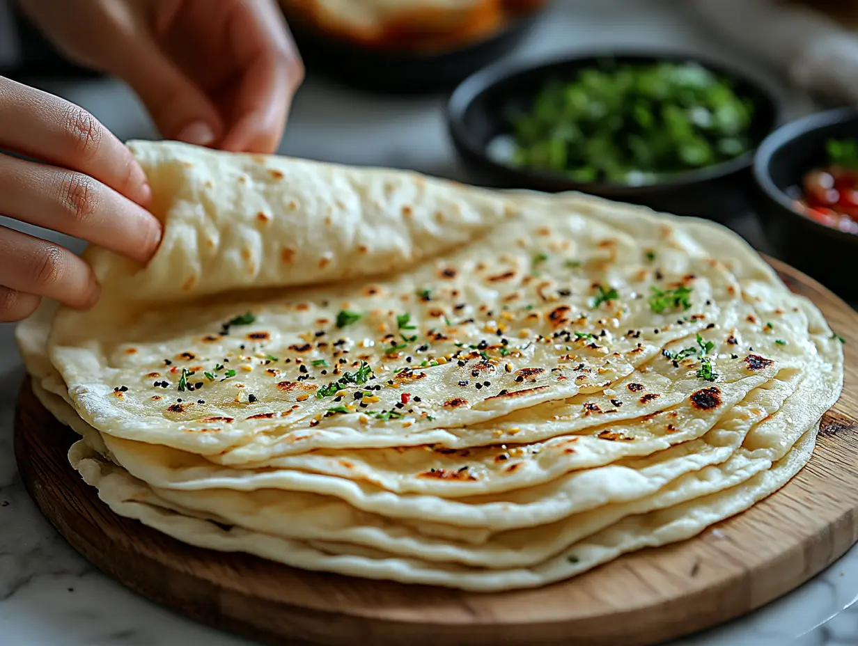 A stack of freshly made lavash bread garnished with herbs and seeds on a wooden board.