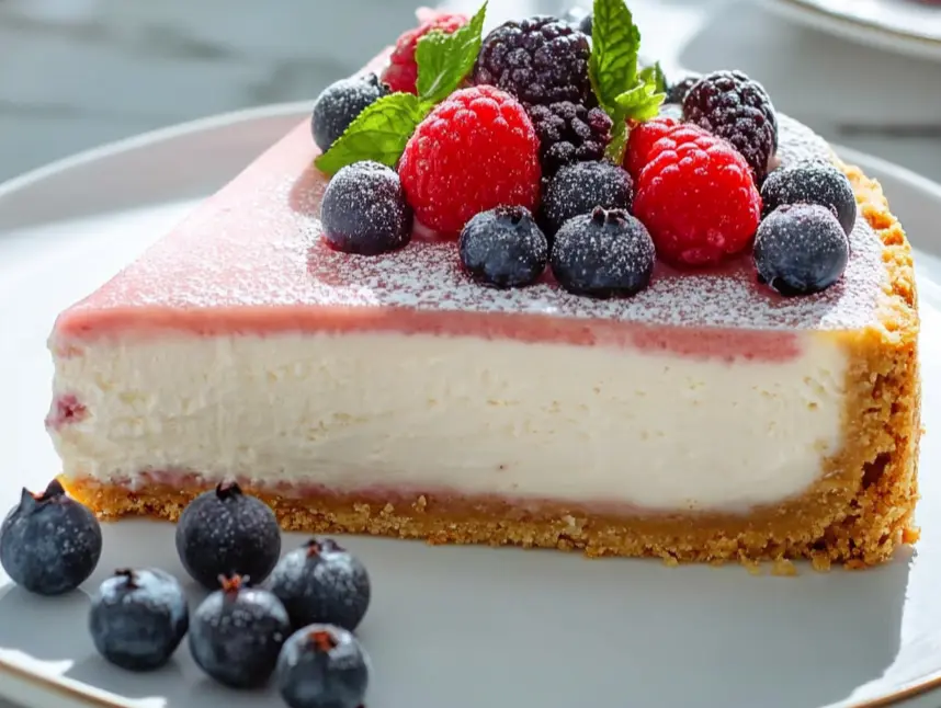 Delicious no-bake high protein cheesecake slice.