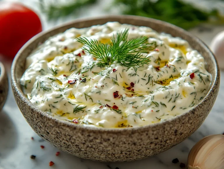 Creamy yogurt dill sauce in a bowl.