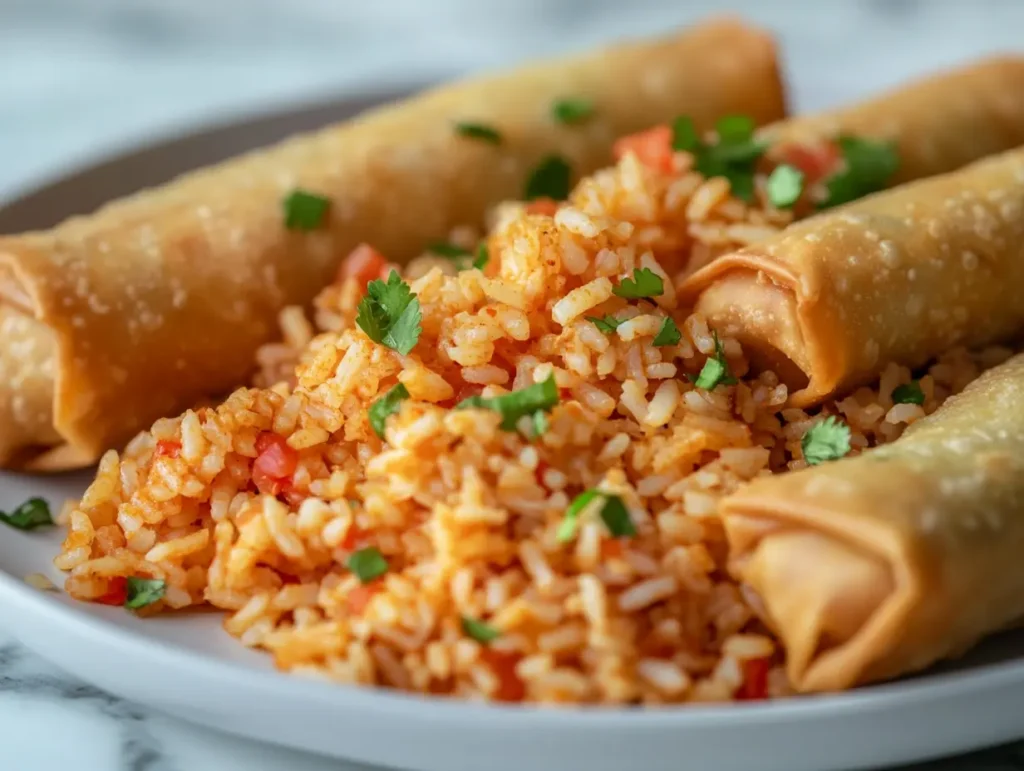 Fluffy Mexican Rice Ready to Serve with Taco Egg Rolls