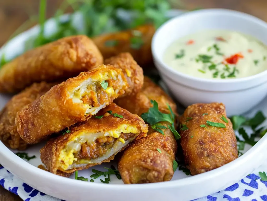 Golden brown taco egg rolls filled with seasoned meat, cheese, and vegetables, served with a creamy dipping sauce.