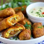 Golden brown taco egg rolls filled with seasoned meat, cheese, and vegetables, served with a creamy dipping sauce.