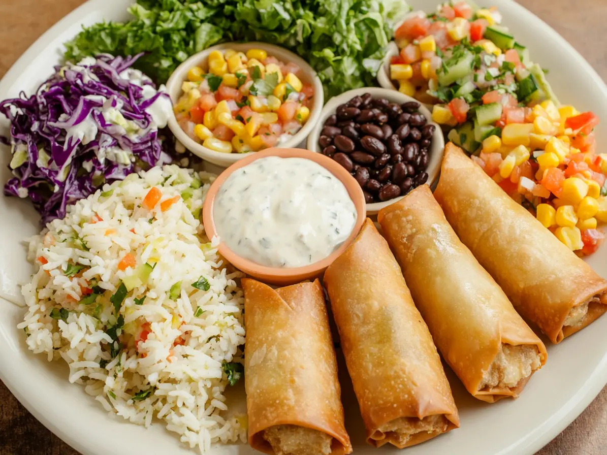 A plate of crispy taco egg rolls served with rice, beans, coleslaw, salsa, and dipping sauce.