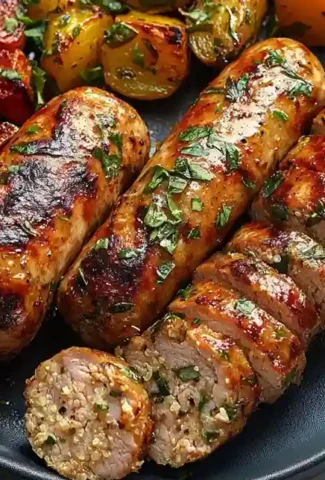 Plated meal with sliced chicken sausage in air fryer