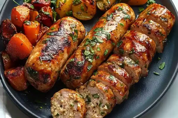 Plated meal with sliced chicken sausage in air fryer