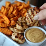 Easy Chick-fil-A Grilled Nuggets: Quick Healthy Copycat 5 Grilled chicken pieces and sweet potato fries are served with a dipping sauce.