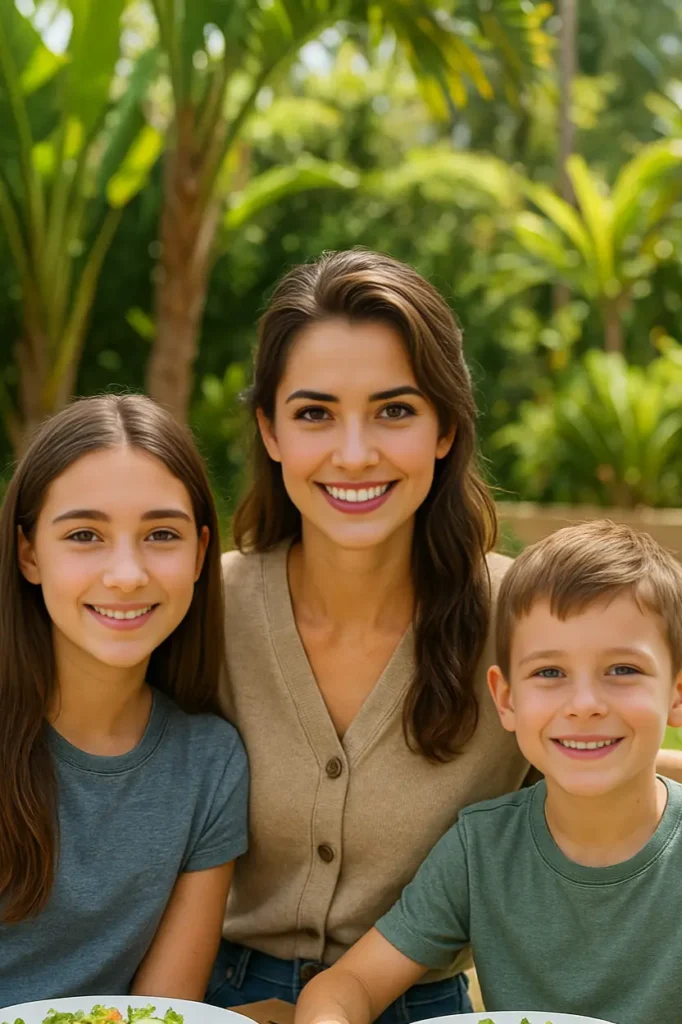 About 7 With my daughter and son at an outdoor table, enjoying fresh salad bowls together.