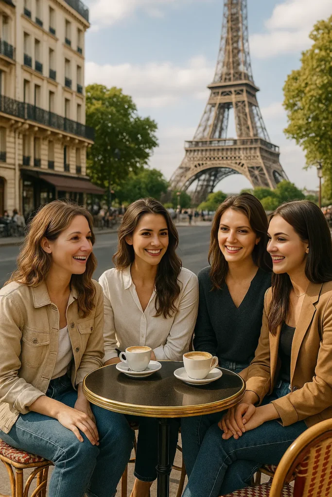 About 9 enjoying coffee together at a Parisian café with the Eiffel Tower in the background.