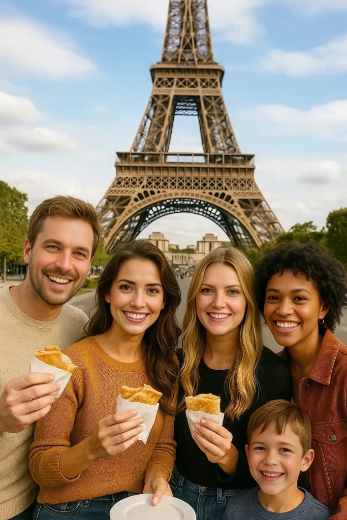 About 10 With my cheerful team holding crepes in front of the Eiffel Tower in Paris,