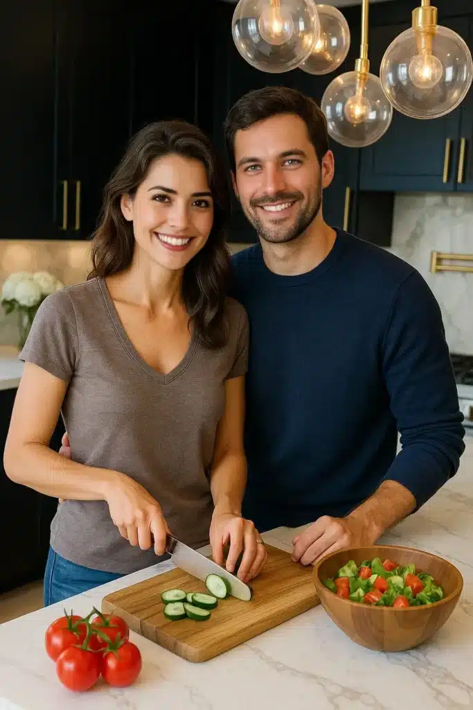 About 3 With my husband smiling in our kitchen while preparing a fresh cucumber and tomato salad.