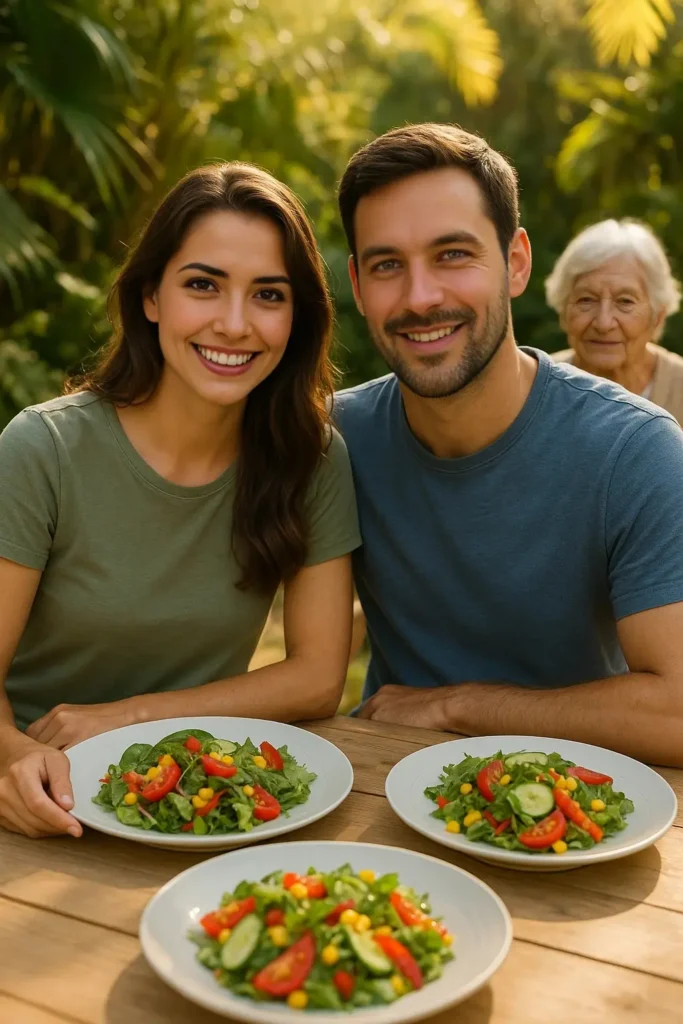 About 6 Enjoying a fresh salad outdoors with my husband, grandma smiles in the background.