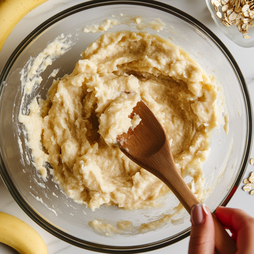 Thick batter for banana oatmeal peanut butter bars in a glass bowl with a spatula.