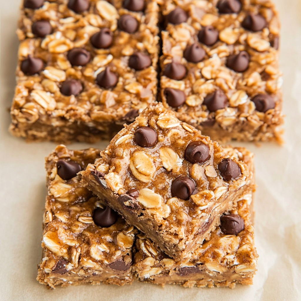 Close-up of banana oatmeal peanut butter bars topped with oats and chocolate chips.