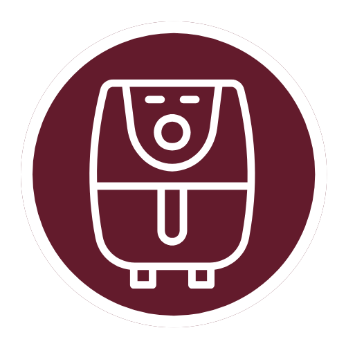 Air Fryer Protein: Icon of an air fryer outlined in white on a maroon circular background.
