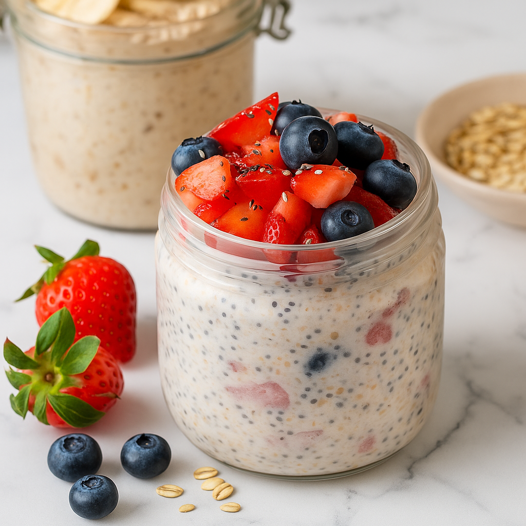 Jar of creamy chia pudding in a glass jar, topped with fresh diced strawberries and plump blueberries, sitting on a white marble countertop with a jar of oats and a small bowl of toppings in the background.