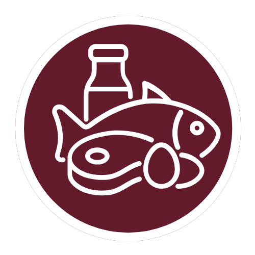 Carnivore Diet Recipes: Icon of fish, steak, egg, and a bottle of milk outlined in white on a maroon circle background.