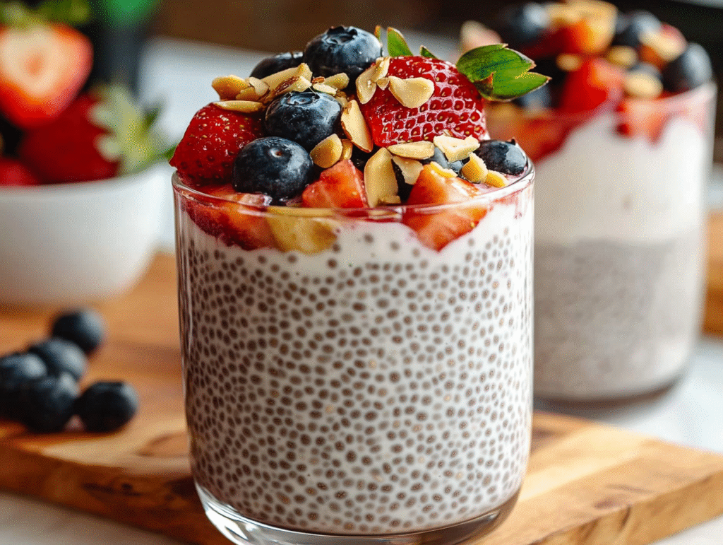 A glass cup filled with creamy chia seed pudding with yogurt, topped with fresh strawberries and blueberries.