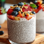 A glass cup filled with creamy chia seed pudding with yogurt, topped with fresh strawberries and blueberries.