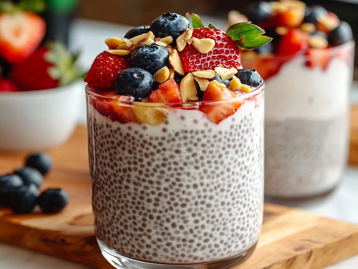 A glass cup filled with creamy chia seed pudding with yogurt, topped with fresh strawberries and blueberries.