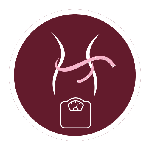 Friendly Bites: Icon of a slim waist with a measuring tape and a scale on a maroon circle background.