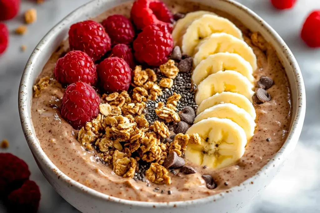 Greek Yogurt Protein Bowl: Quick Chocolate Peanut Butter Bliss 9 Close-up of a chocolate peanut butter Greek yogurt protein bowl with bananas, raspberries, granola, chia seeds, and chocolate chips.