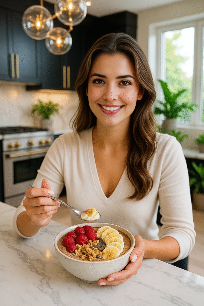 Enjoying a Greek yogurt chocolate peanut butter protein bowl topped with bananas, raspberries, and granola.