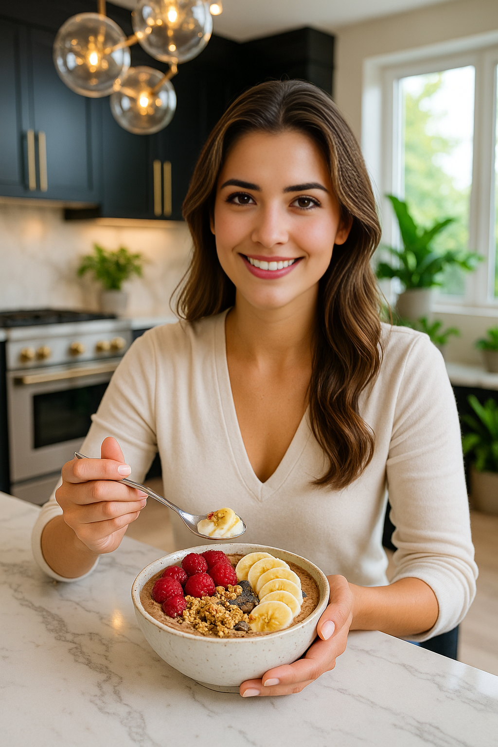 Enjoying a Greek yogurt chocolate peanut butter protein bowl topped with bananas, raspberries, and granola.