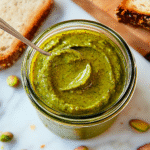 pistachio butter: A beautiful glass jar of vibrant green homemade pistachio butter with a spoon resting on the side, next to a slice of artisan toast.