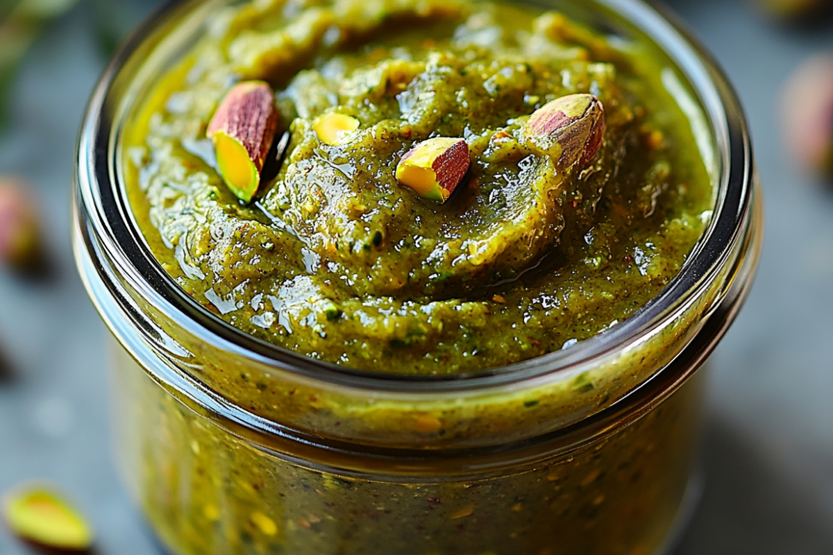 A beautiful glass jar of vibrant green homemade pistachio butter with a spoon resting on the side, next to a slice of artisan toast.