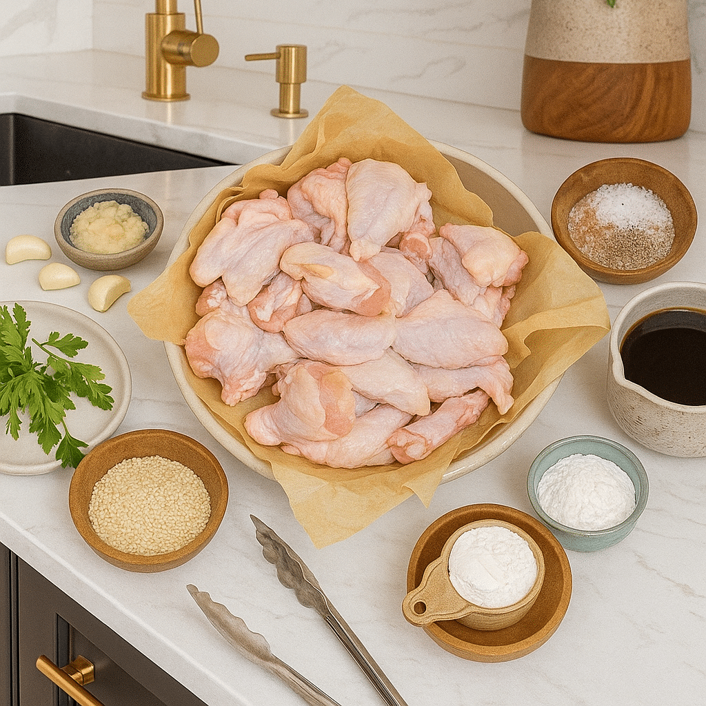 Ingredients for honey and garlic chicken wings recipe laid out