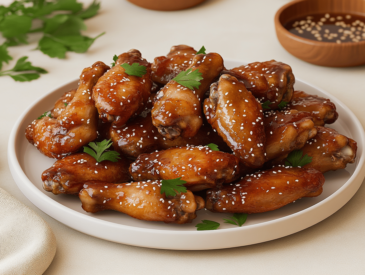 A serving platter full of honey and garlic chicken wings recipe, ready to eat.
