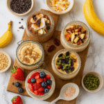 Five jars of overnight oats with assorted toppings—berries, banana peanut butter, apple pecan, coconut chocolate, and nut‑seed mix—on a board for easy make‑ahead breakfast