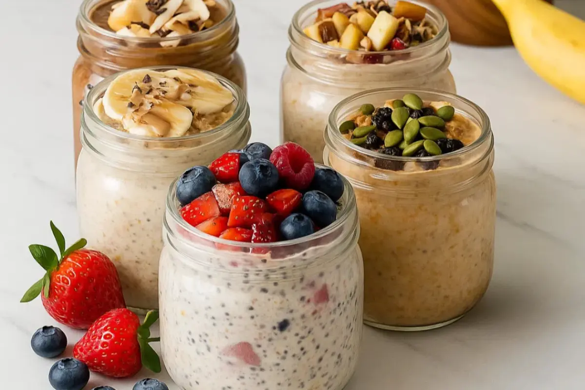 A beautiful glass jar of overnight oats 5 ways, layered with berries and topped with nuts, sitting on a rustic wooden table.