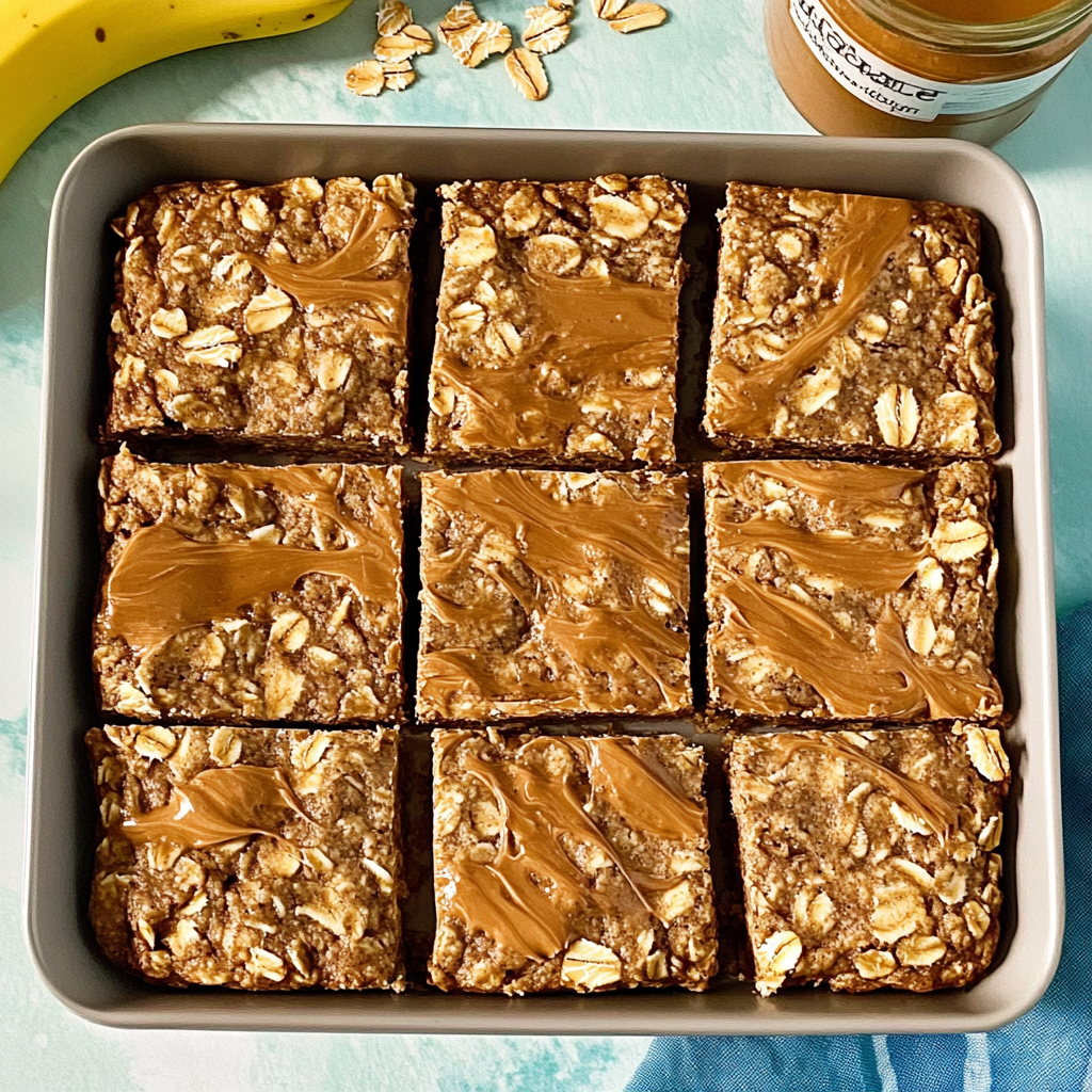 A top-down view of delicious, homemade peanut butter banana oatmeal bars arranged neatly on oven plate, ready to be eaten.