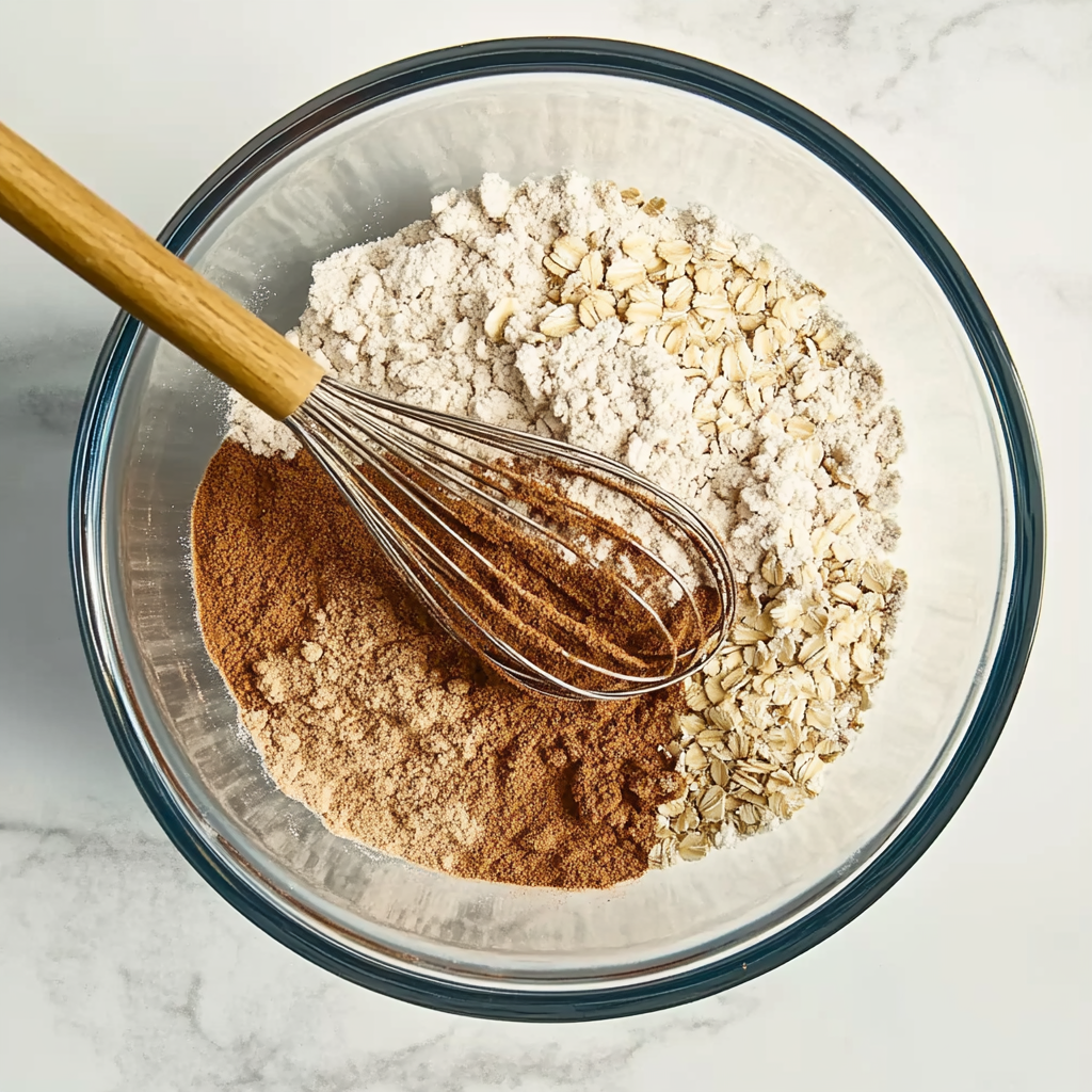 Whisking dry ingredients together: oats, flours, baking powder, cinnamon, and salt. Set aside.