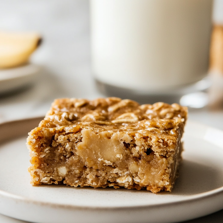 A single, perfect peanut butter banana oatmeal bar on a plate, highlighting its delicious and chewy texture.