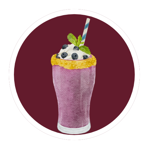 Sweet Protein: Icon of a creamy protein smoothie topped with whipped cream and blueberries on a maroon circle background.
