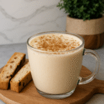 Protein Coffee Recipe: Glass mug of creamy protein coffee sprinkled with cinnamon, served with biscotti on a wooden board.