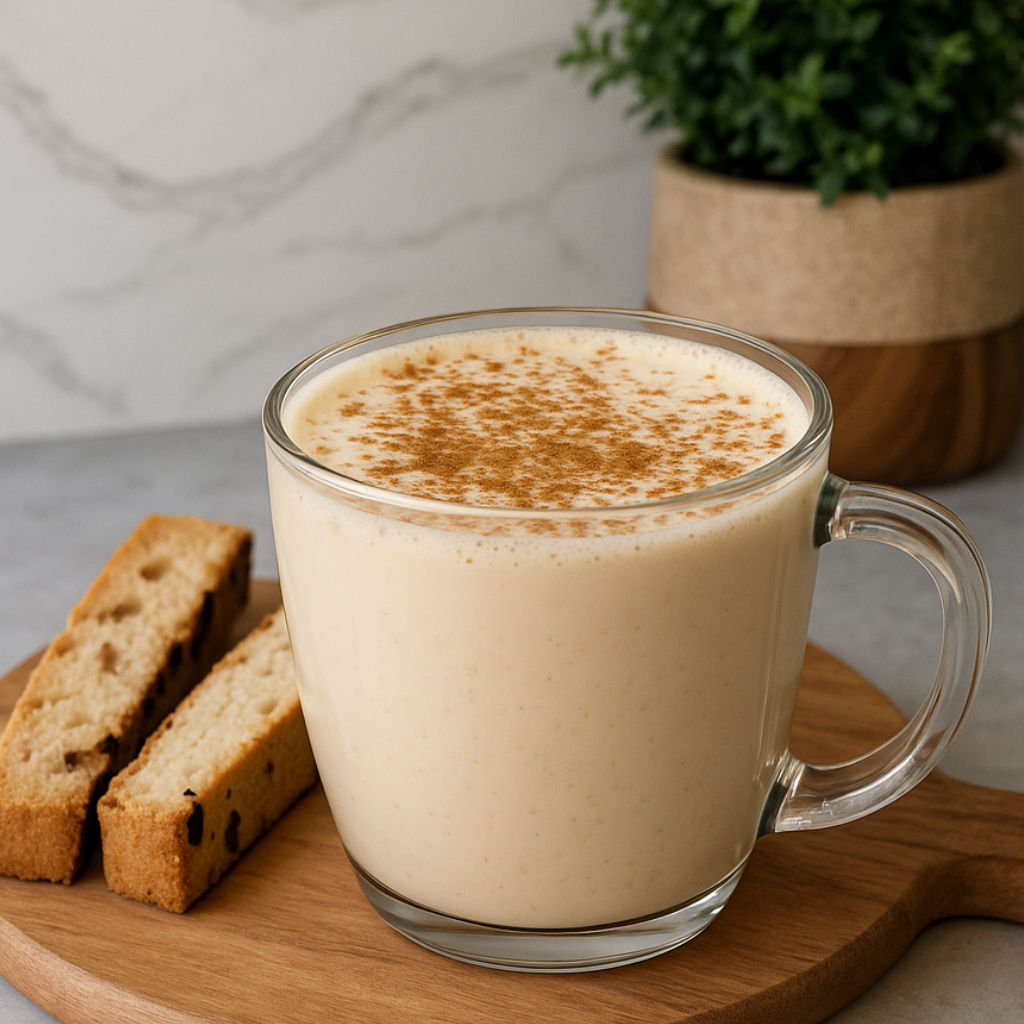 Protein Coffee Recipe: Glass mug of creamy protein coffee sprinkled with cinnamon, served with biscotti on a wooden board.