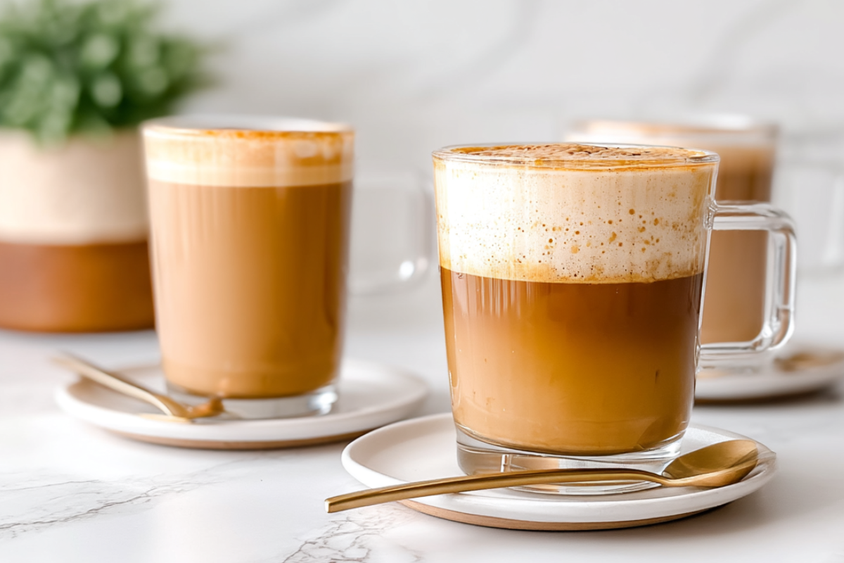 Three clear glass mugs of frothy protein coffee on saucers with gold spoons, on a marble countertop.