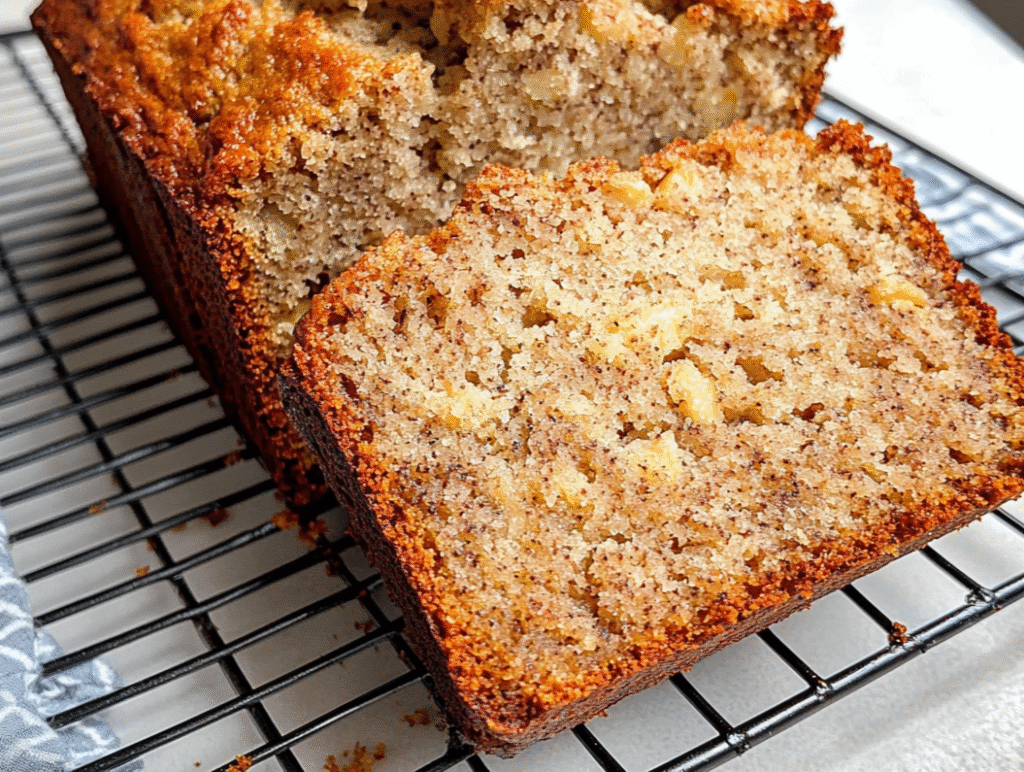 A golden loaf of Cottage Cheese Banana bread on a cooling rack.