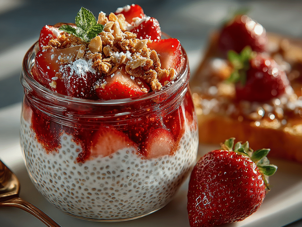 Chia seed pudding topped with fresh strawberries, granola, and mint in a glass jar.