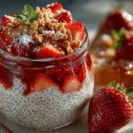 Chia seed pudding topped with fresh strawberries, granola, and mint in a glass jar.