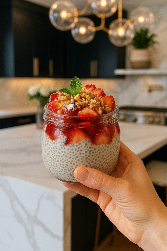 chia seed pudding ratio: Hand holding a jar of chia seed pudding topped with fresh strawberries, granola, and mint in a modern kitchen.
